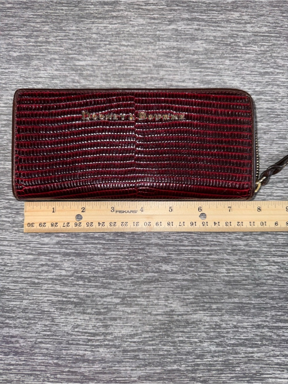 Dooney & Bourke Burgundy Leather Lizard Embossed Zip Wallet with Gold Logo